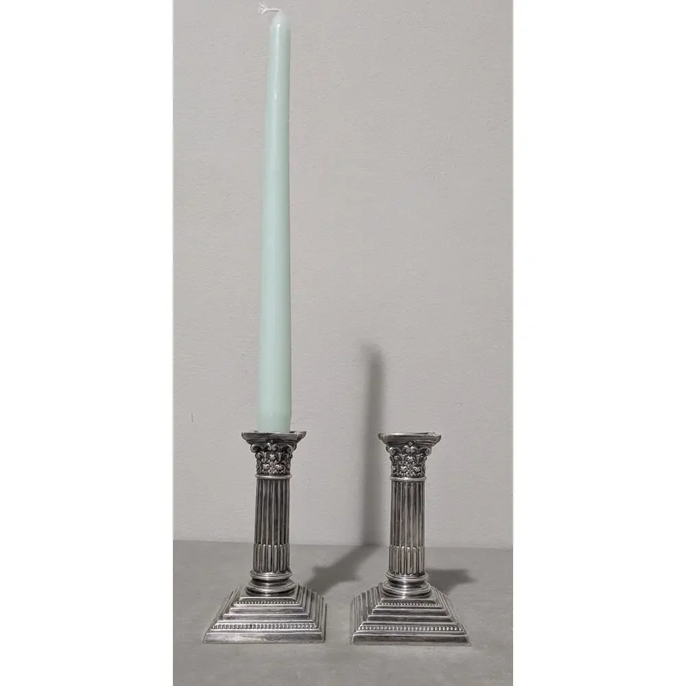 Antique Mappin & Webb Dwarf Corinthian Column Candlestick Holders Set of 2 Short